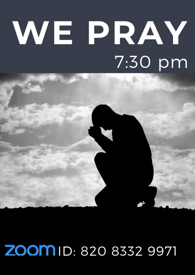 we pray; man kneeling with clouds behind him. zoom idMeeting ID: 820 8332 9971